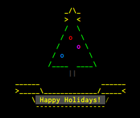 Christmas tree with banner saying Happy Holidays!